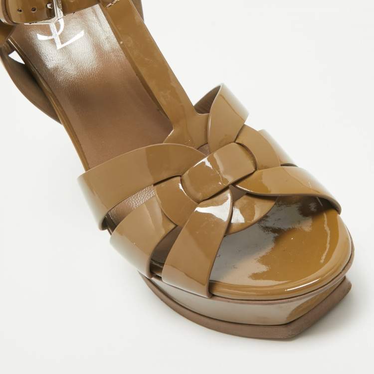 Pre Owned Saint Laurent Brown Patent Leather Tribute Sandals Size 39.5