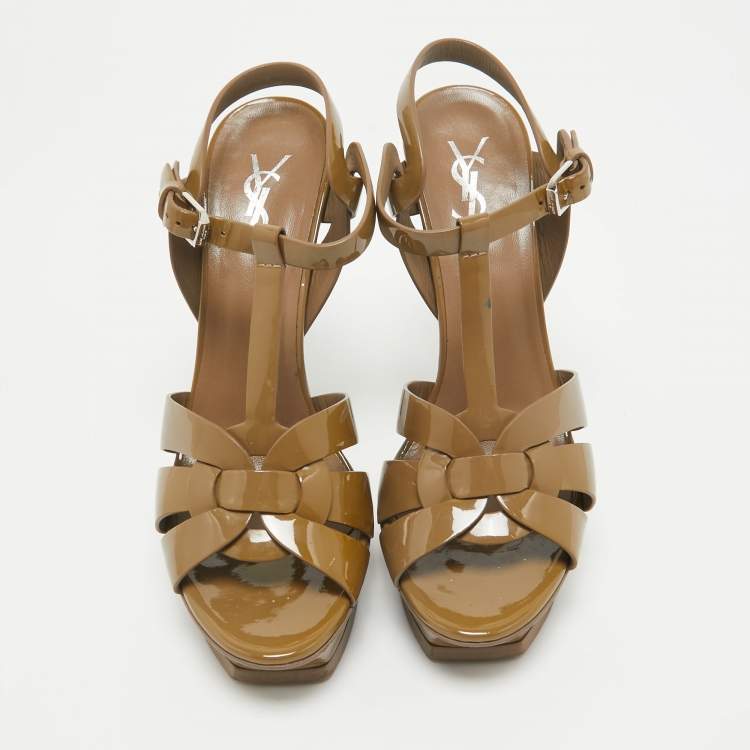 Pre Owned Saint Laurent Brown Patent Leather Tribute Sandals Size 39.5