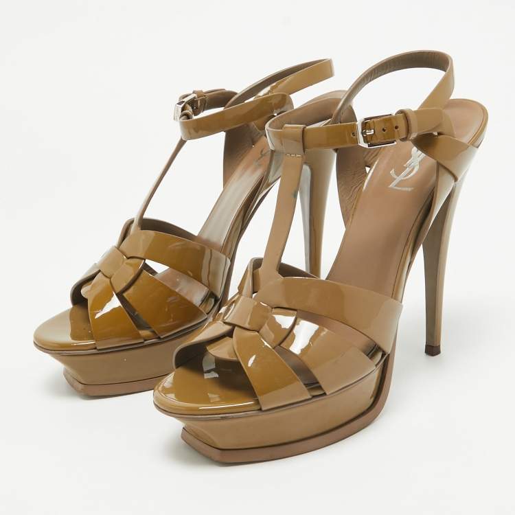 Pre Owned Saint Laurent Brown Patent Leather Tribute Sandals Size 39.5
