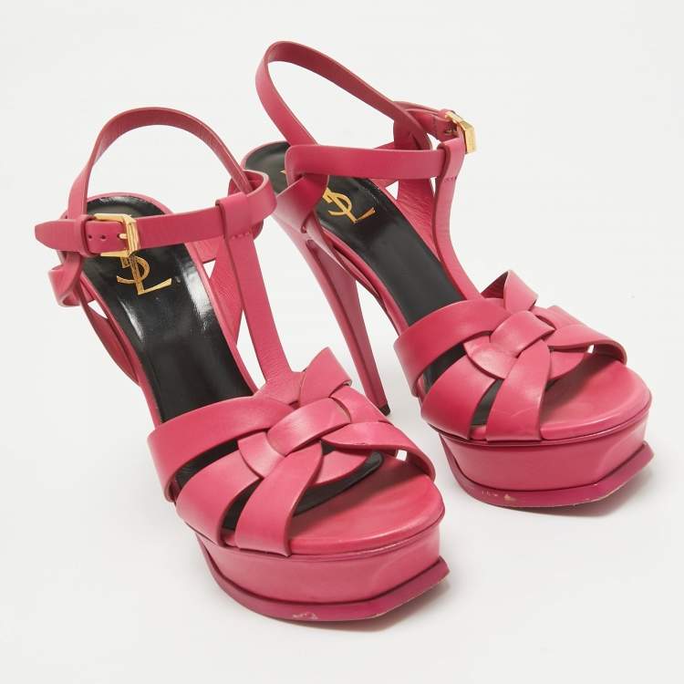Pre Owned Saint Laurent Pink Leather Tribute Sandals Size 37.5