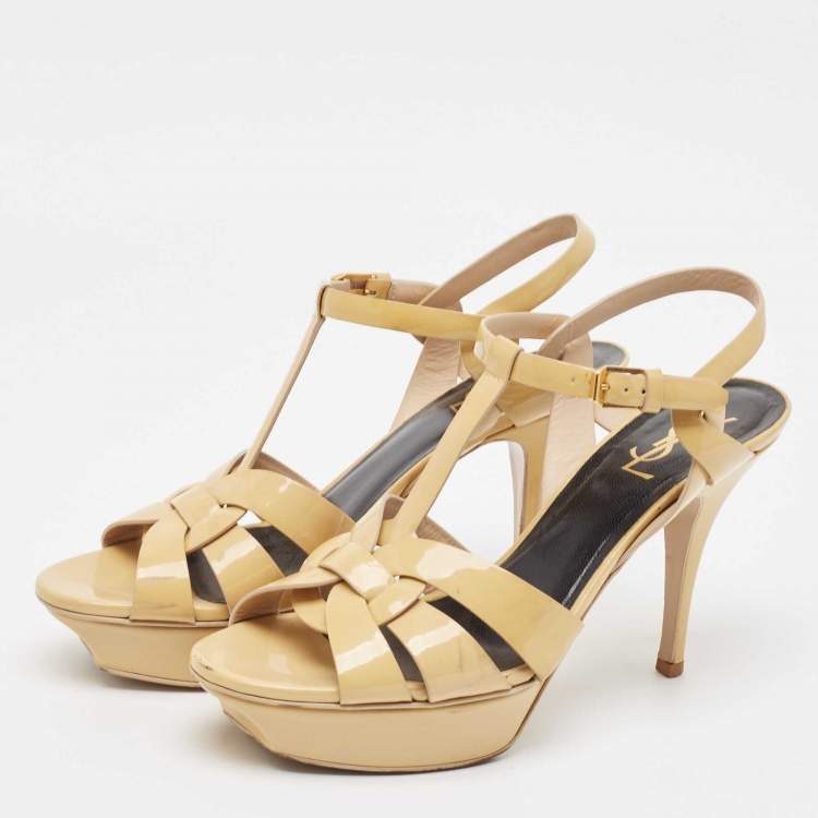 مملوكة مسبقًا Saint Laurent Beige Patent Leather Tribute Sandals Size 40