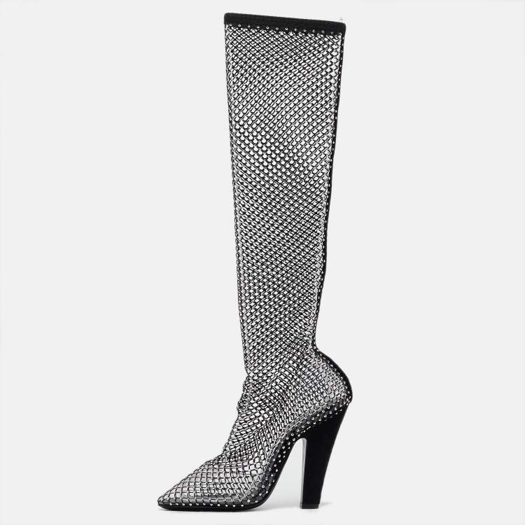 Pre Owned Saint Laurent Paris Black Mesh and PVC Mid Calf Boots Size 37