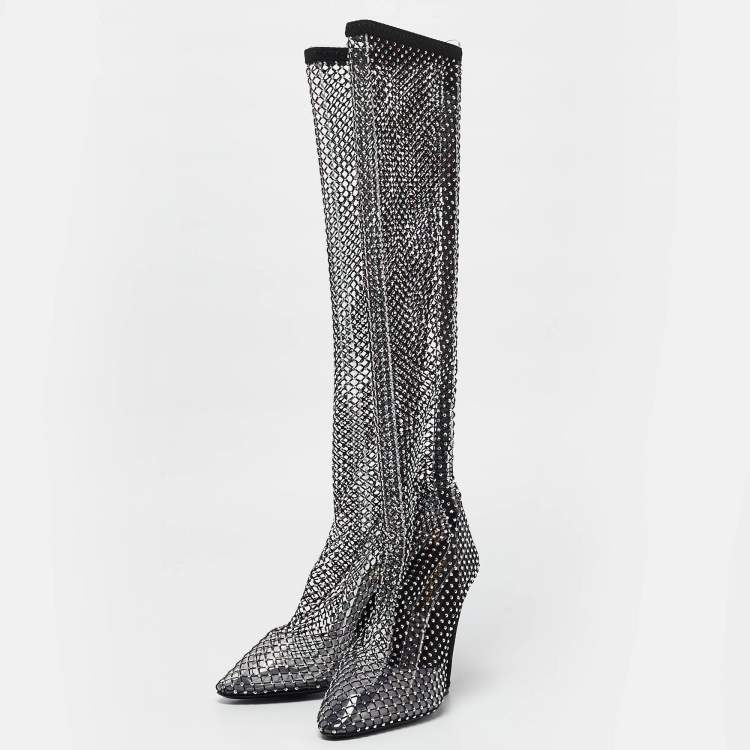 Pre Owned Saint Laurent Paris Black Mesh and PVC Mid Calf Boots Size 37