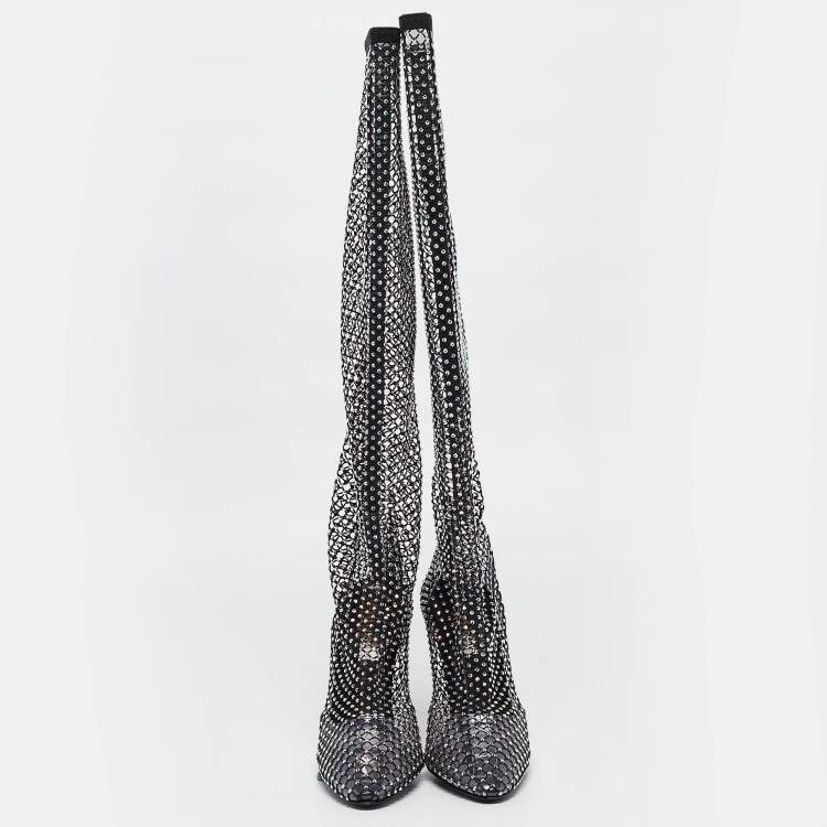 Pre Owned Saint Laurent Paris Black Mesh and PVC Mid Calf Boots Size 37