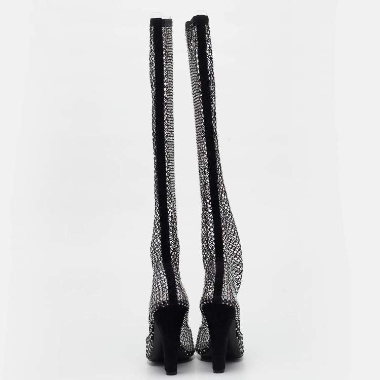 Pre Owned Saint Laurent Paris Black Mesh and PVC Mid Calf Boots Size 37
