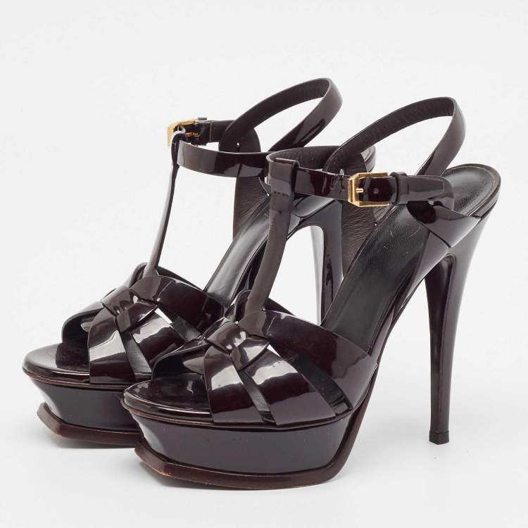 Pre Owned Saint Laurent Burgundy Patent Tribute Platform Sandals Size 35