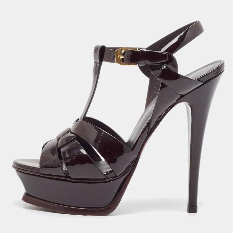 Pre Owned Saint Laurent Burgundy Patent Tribute Platform Sandals Size 35