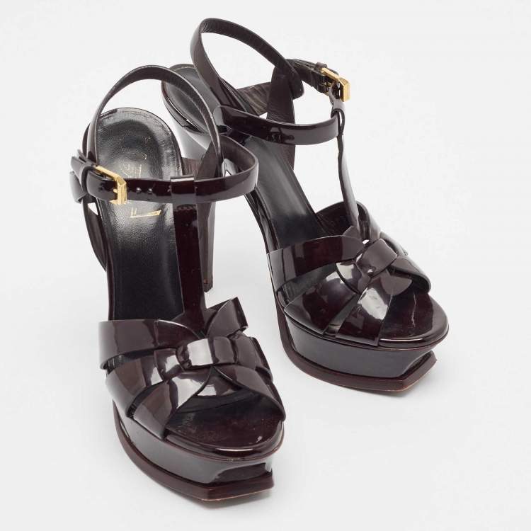 Pre Owned Saint Laurent Burgundy Patent Tribute Platform Sandals Size 35
