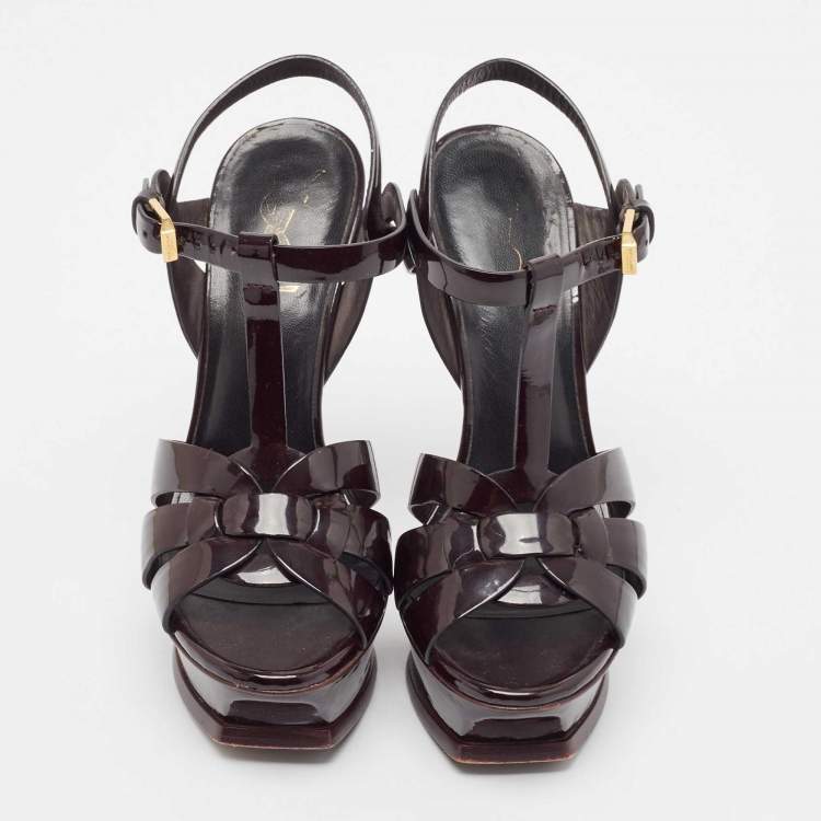Pre Owned Saint Laurent Burgundy Patent Tribute Platform Sandals Size 35