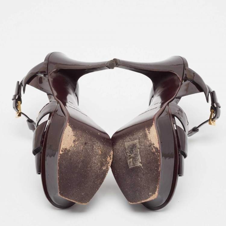 Pre Owned Saint Laurent Burgundy Patent Tribute Platform Sandals Size 35