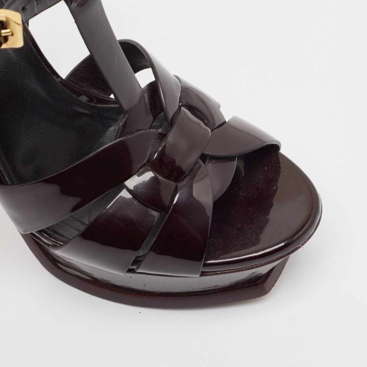 Pre Owned Saint Laurent Burgundy Patent Tribute Platform Sandals Size 35