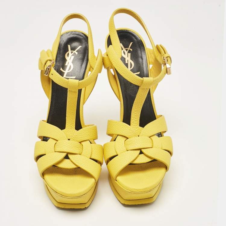 Pre Owned Saint Laurent Yellow Leather Tribute Platform Sandals Size 37