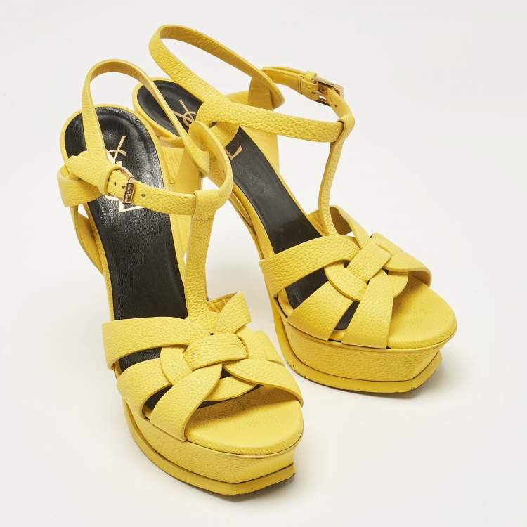 Pre Owned Saint Laurent Yellow Leather Tribute Platform Sandals Size 37