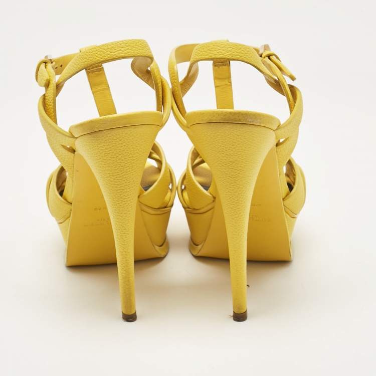 Pre Owned Saint Laurent Yellow Leather Tribute Platform Sandals Size 37