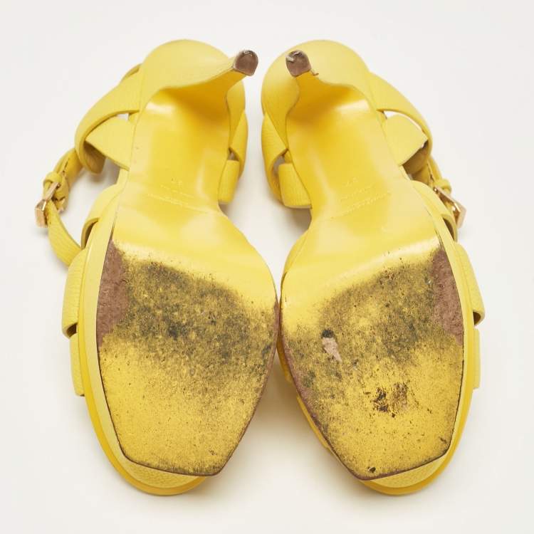 Pre Owned Saint Laurent Yellow Leather Tribute Platform Sandals Size 37