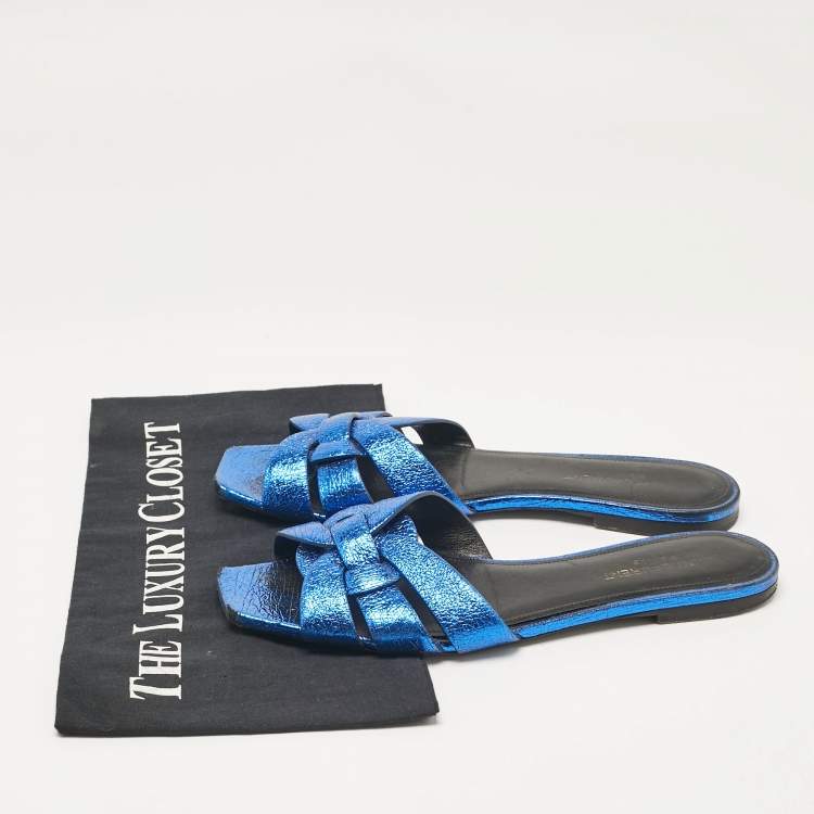 Pre Owned Saint Laurent Metallic Blue Leather Tribute Flat Slides Size 38.5