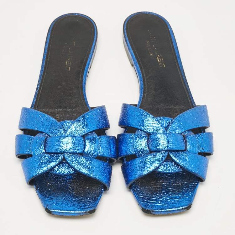 Pre Owned Saint Laurent Metallic Blue Leather Tribute Flat Slides Size 38.5