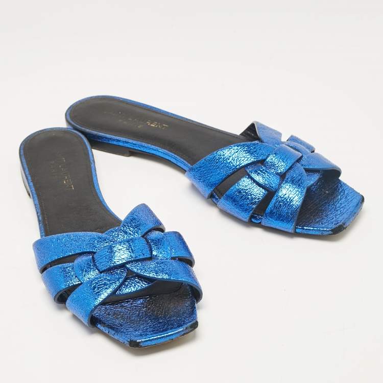 Pre Owned Saint Laurent Metallic Blue Leather Tribute Flat Slides Size 38.5