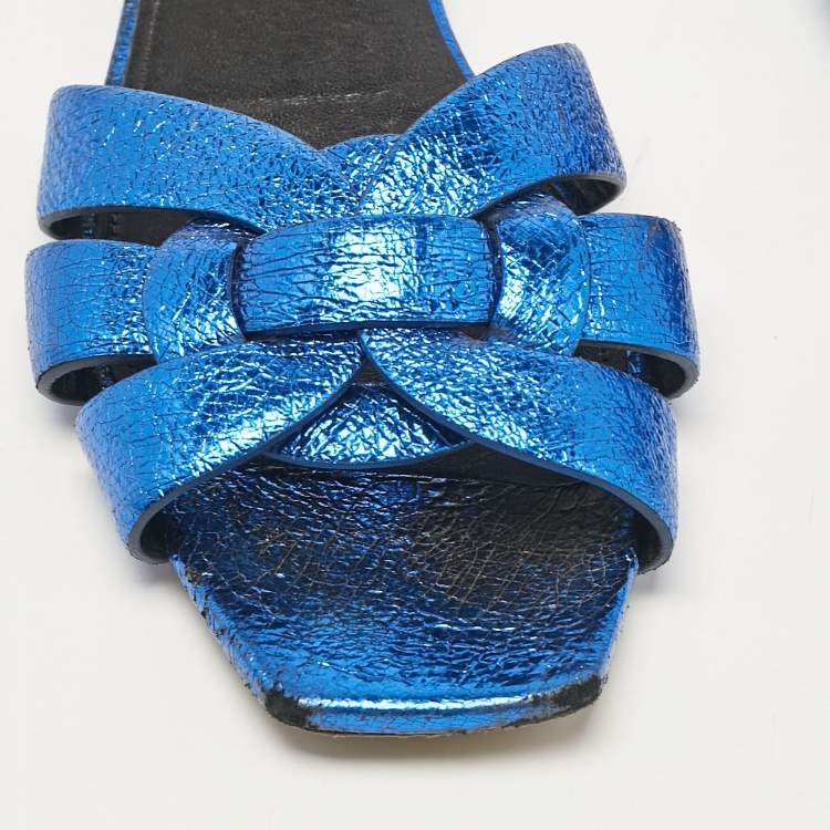Pre Owned Saint Laurent Metallic Blue Leather Tribute Flat Slides Size 38.5