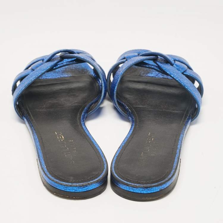 Pre Owned Saint Laurent Metallic Blue Leather Tribute Flat Slides Size 38.5