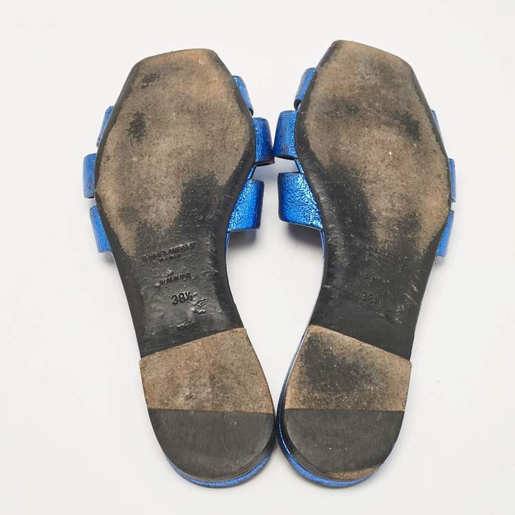 Pre Owned Saint Laurent Metallic Blue Leather Tribute Flat Slides Size 38.5