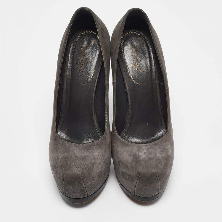 Pre Owned Saint Laurent Grey Suede Tribtoo Platform Pumps Size 37