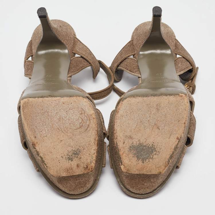 Pre Owned Saint Laurent Grey Texture Suede Tribute Platform Sandals Size  39