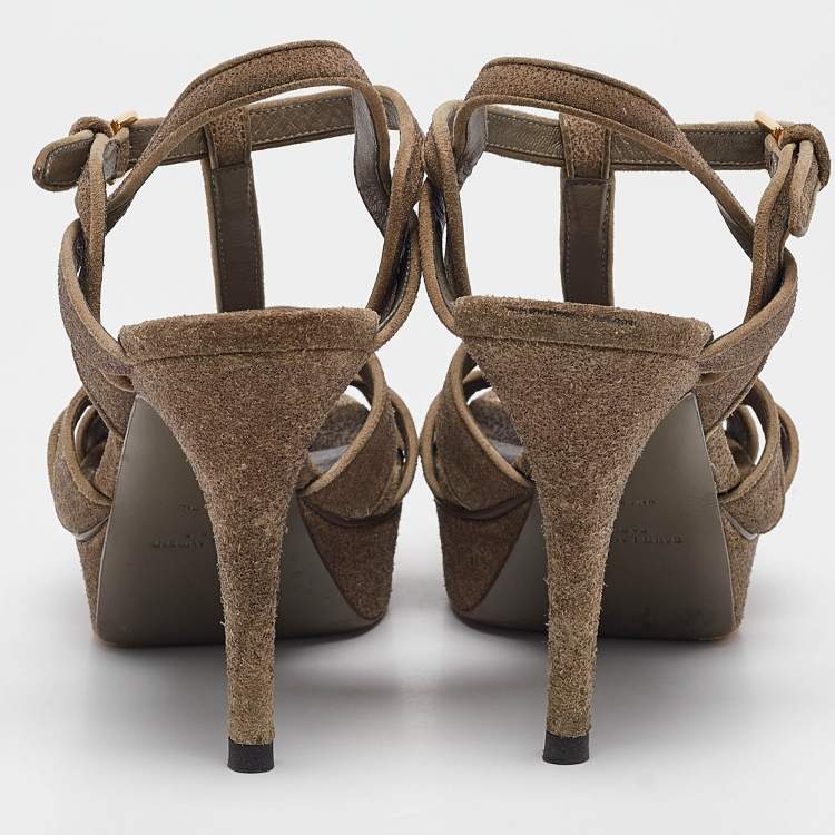 Pre Owned Saint Laurent Grey Texture Suede Tribute Platform Sandals Size  39