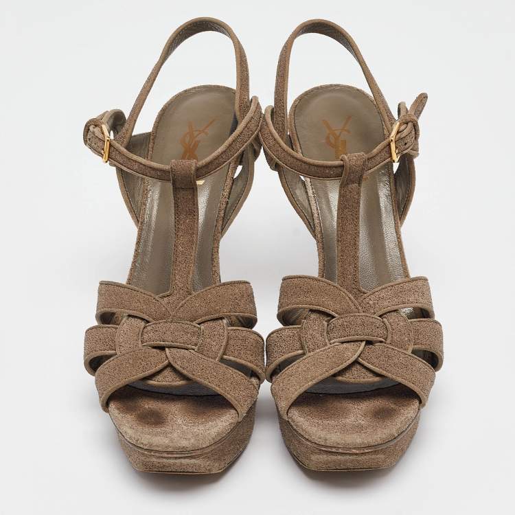 Pre Owned Saint Laurent Grey Texture Suede Tribute Platform Sandals Size  39