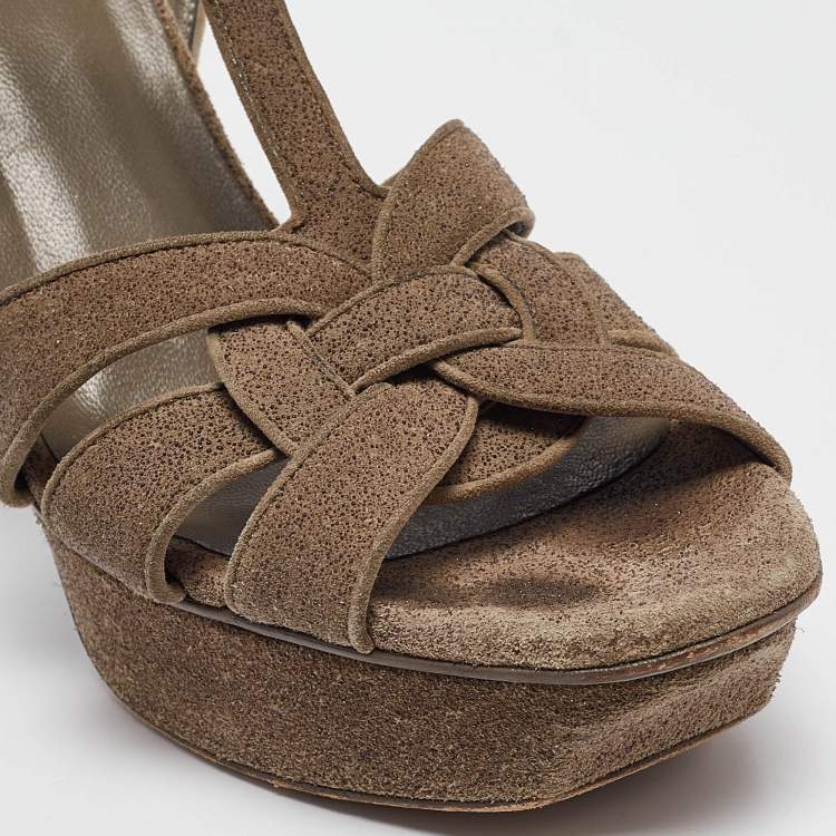 Pre Owned Saint Laurent Grey Texture Suede Tribute Platform Sandals Size  39