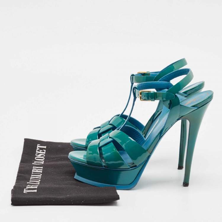 Pre Owned Saint Laurent Green Patent Leather Tribute Platform Sandals Size 39