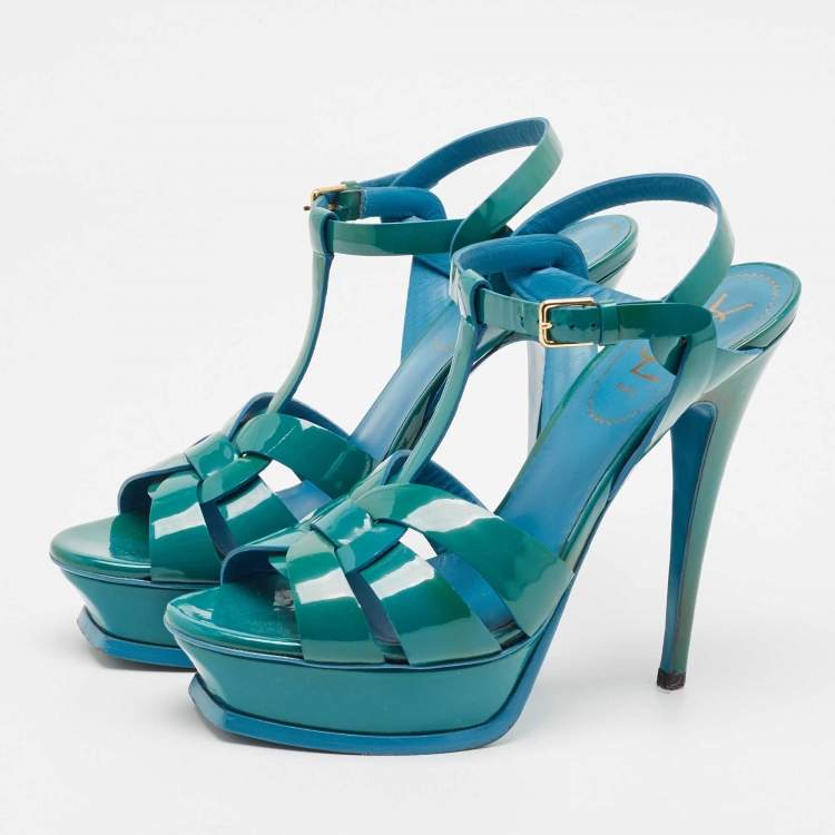 Pre Owned Saint Laurent Green Patent Leather Tribute Platform Sandals Size 39
