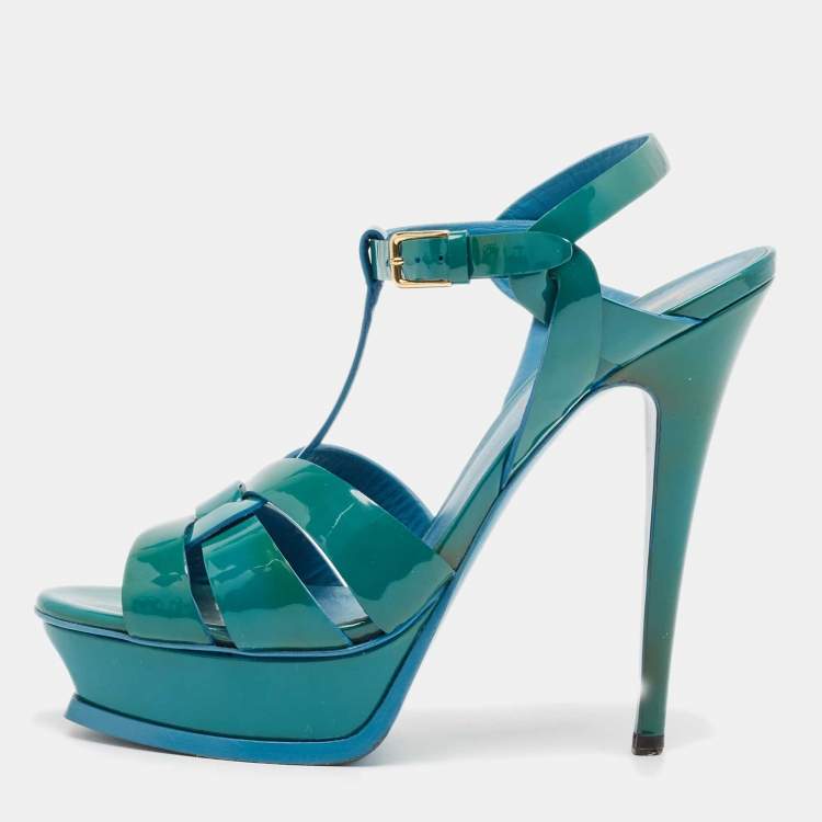 Pre Owned Saint Laurent Green Patent Leather Tribute Platform Sandals Size 39