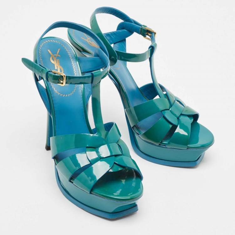 Pre Owned Saint Laurent Green Patent Leather Tribute Platform Sandals Size 39