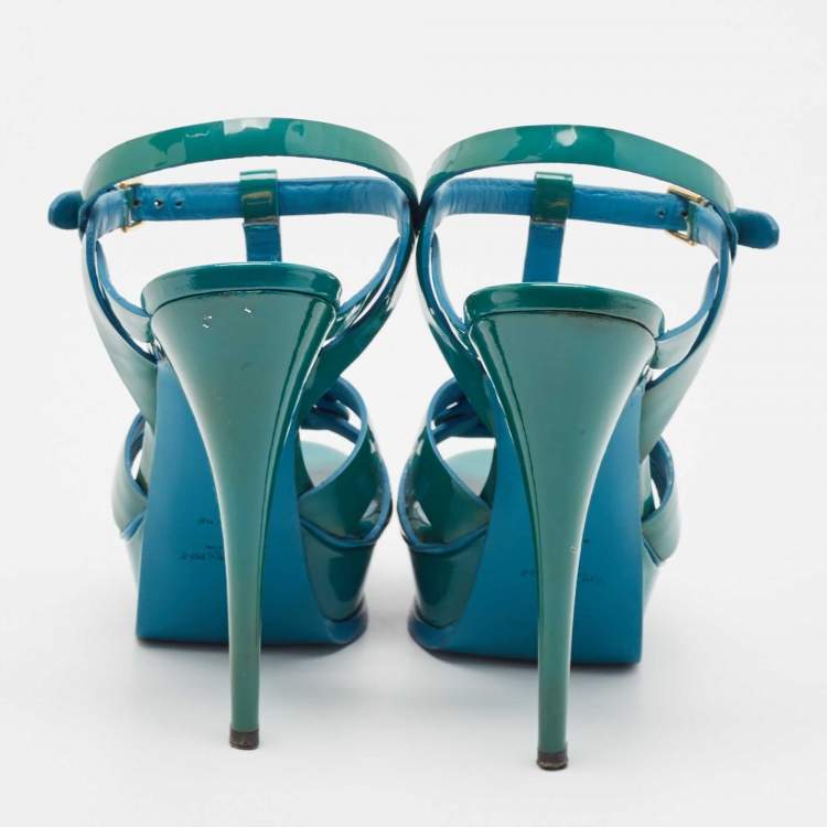Pre Owned Saint Laurent Green Patent Leather Tribute Platform Sandals Size 39