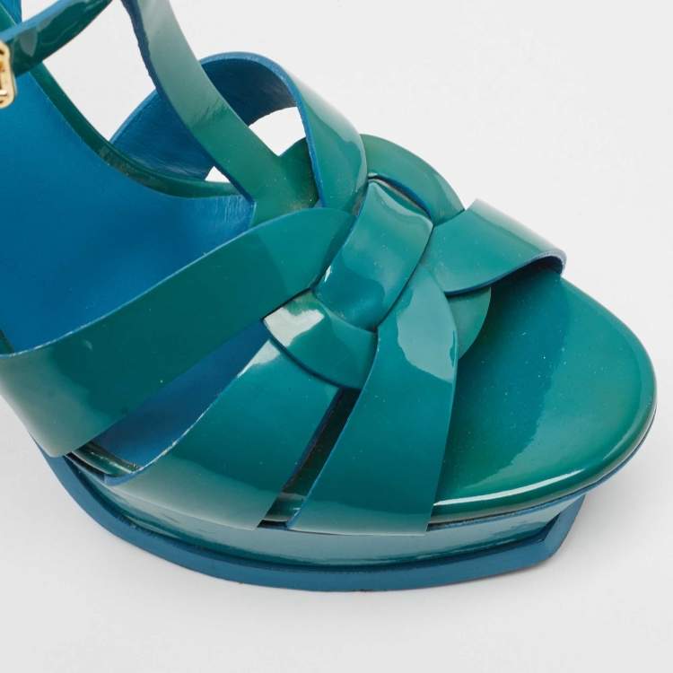 Pre Owned Saint Laurent Green Patent Leather Tribute Platform Sandals Size 39