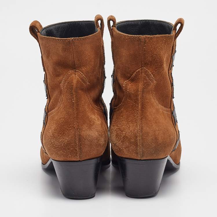 Pre Owned Saint Laurent Brown Suede Ankle Length Boots Size 38.5