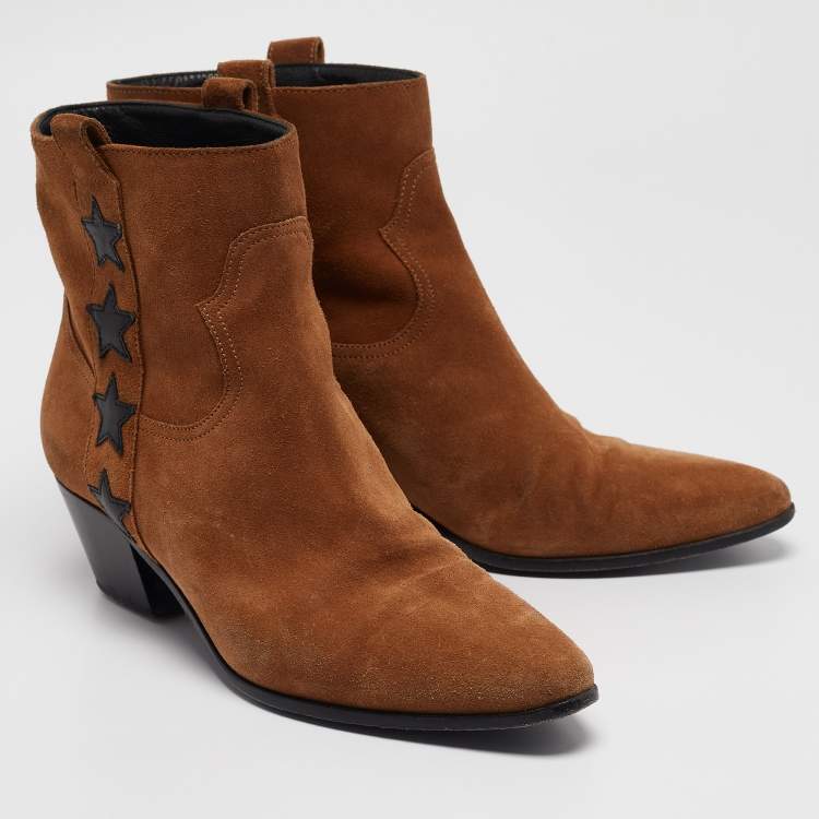 Pre Owned Saint Laurent Brown Suede Ankle Length Boots Size 38.5