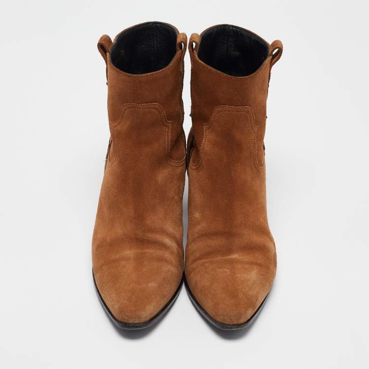 Pre Owned Saint Laurent Brown Suede Ankle Length Boots Size 38.5