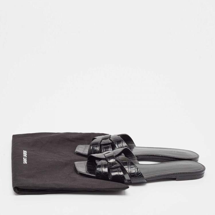Pre Owned Saint Laurent Black Croc Embossed Leather Tribute Flat Slides Size 37.5