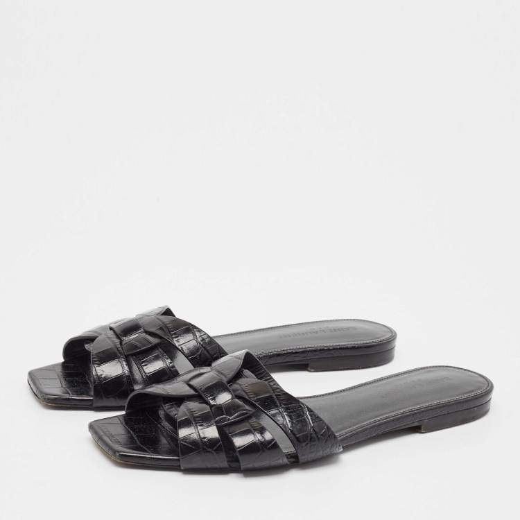 Pre Owned Saint Laurent Black Croc Embossed Leather Tribute Flat Slides Size 37.5