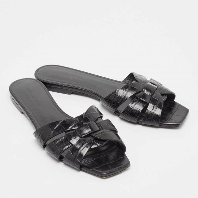 Pre Owned Saint Laurent Black Croc Embossed Leather Tribute Flat Slides Size 37.5