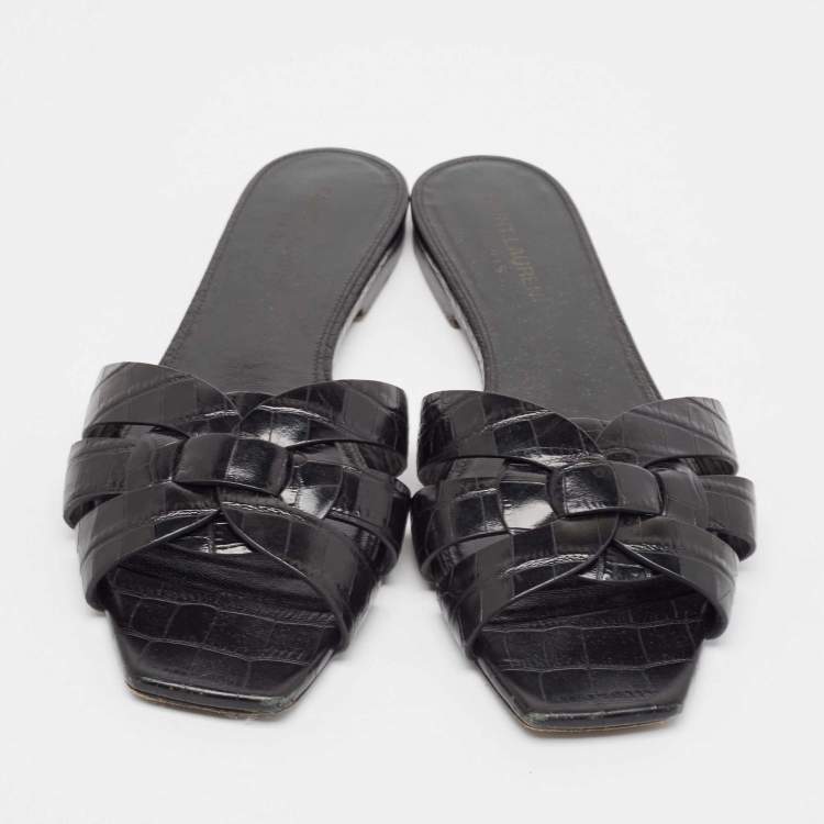 Pre Owned Saint Laurent Black Croc Embossed Leather Tribute Flat Slides Size 37.5