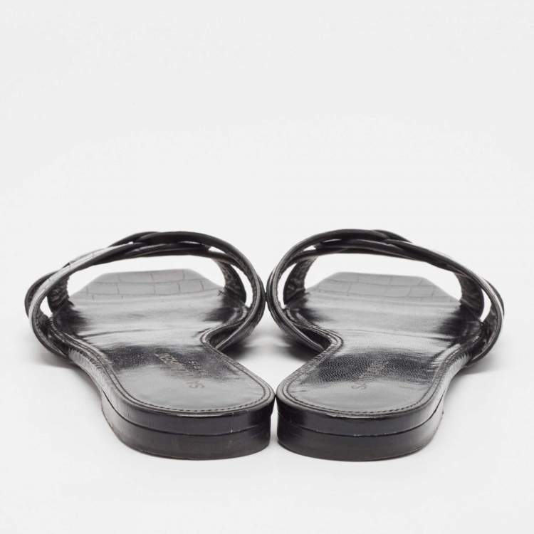 Pre Owned Saint Laurent Black Croc Embossed Leather Tribute Flat Slides Size 37.5