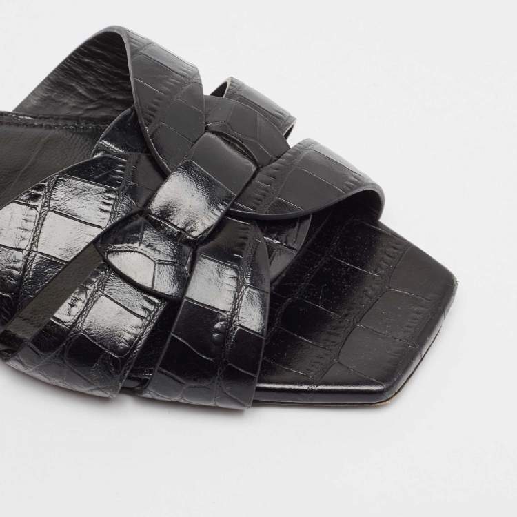 Pre Owned Saint Laurent Black Croc Embossed Leather Tribute Flat Slides Size 37.5