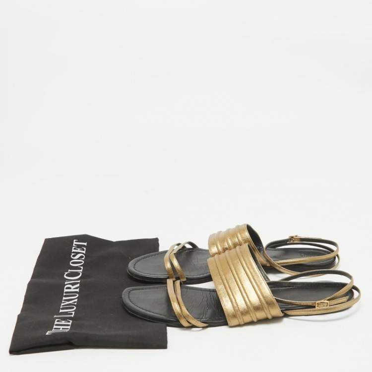 Pre Owned Saint Laurent Gold Leather Ankle Strap Flats Size 41