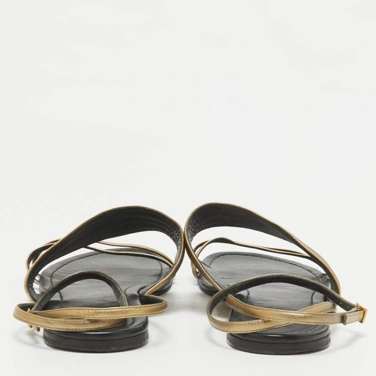 Pre Owned Saint Laurent Gold Leather Ankle Strap Flats Size 41
