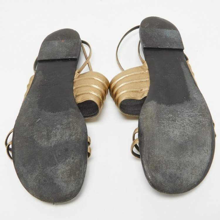 Pre Owned Saint Laurent Gold Leather Ankle Strap Flats Size 41