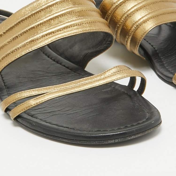 Pre Owned Saint Laurent Gold Leather Ankle Strap Flats Size 41