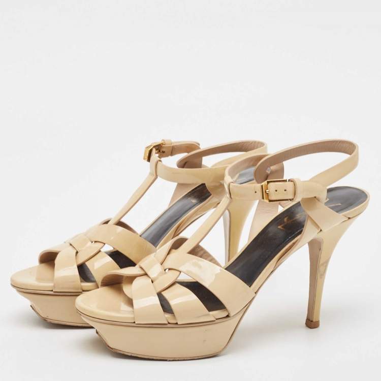 Pre Owned Saint Laurent Beige Patent Leather Tribute Sandals Size 36